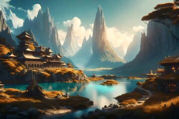beautiful fantasy landscape world scenery digital creative art 3d illustration. - obrazy, fototapety, plakaty