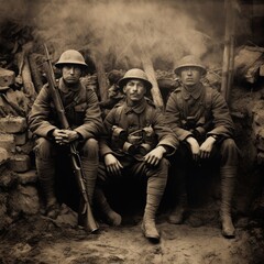 World War I soldiers in a trench, AI - obrazy, fototapety, plakaty