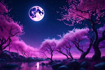 Night fantasy landscape with a big moon, pink neon.