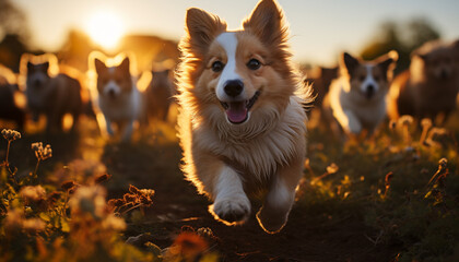 Cute puppy playing with friends in the sunset meadow generated by AI