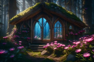 Fototapeta na wymiar Fantasy fairy tale forest with magical shining window of enchanted elf or gnome house in hollow of pine tree, blooming fabulous pink flowers garden