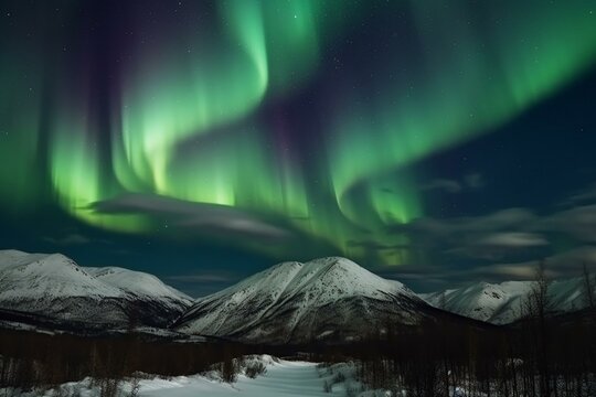 Arctic sky with stunning northern lights over mountainous panorama. Artistic print. Generative AI © Leila