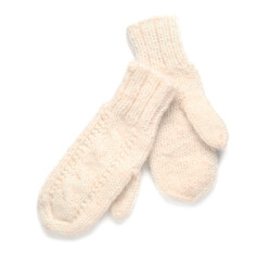 Pair of knitted warm mittens on white background