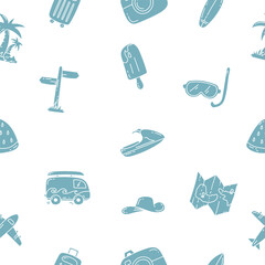 Seamless pattern with travel and vacation elements. Doodle holiday seamless pattern.