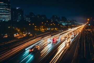 Fototapeta na wymiar Night life traffic jam transportation express blur image car mobile rush time.