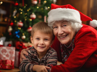 Fototapeta na wymiar Grandparents and grandchildren celebrate Christmas in the living room