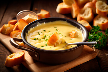 Swiss culinary delight: Cheese fondue with bread on long forks. Festive, ideal for New Year.  Bright image.  - obrazy, fototapety, plakaty