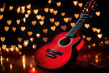 Close up of red glitter hearts and glowing string lights on acoustic guitar - obrazy, fototapety, plakaty