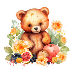 Bear flower and fruits Illustration, Generative Ai