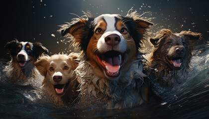 Cute pets playing outdoors, wet and having fun together generated by AI