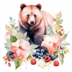 Bear flower and fruits Illustration, Generative Ai