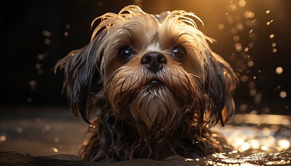 Cute wet puppy sitting, looking at camera, enjoying the shower generated by AI