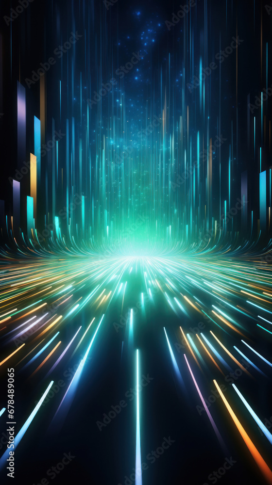 Poster abstract background with gold, green, blue glowing neon moving high speed line and wave and bokeh li