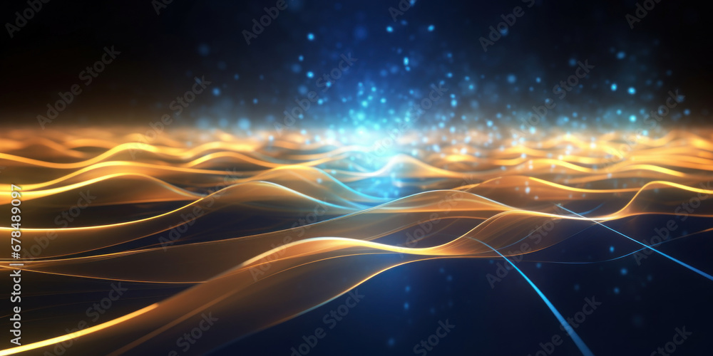 Poster abstract background with gold and blue glowing neon moving high speed line and wave and bokeh lights