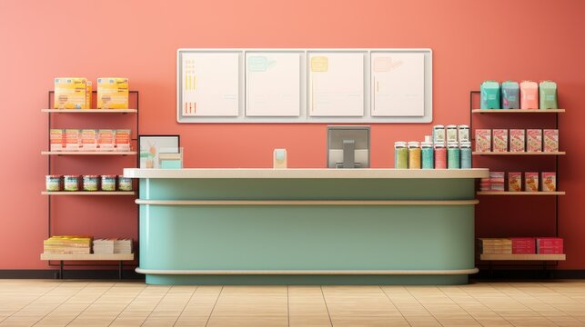 Front cash register desk featuring enticing food and snack displays, creating a visually appealing and inviting setup for customers.