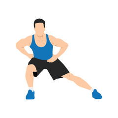 Obraz na płótnie Canvas Man doing standing adductor or adduction stretch exercise. Flat vector illustration isolated on white background