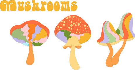 Groovy hippie 70s mushrooms: fly agaric. Cartoon funny retro style. 