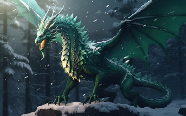 Green dragon in mountains in winter, fantasy art symbol of the New Year 2024, AI