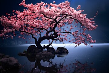 Nighttime cherry blossom tree under full moon. Generative AI