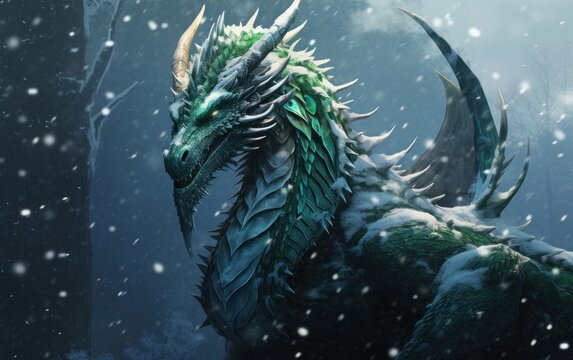 Green dragon in mountains in winter, fantasy art symbol of the New Year 2024, AI