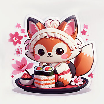 Cute cartoon style fox making Japanese food under blooming Sakura petals