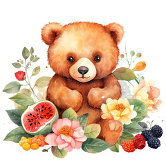 Bear flower and fruits Illustration, Generative Ai