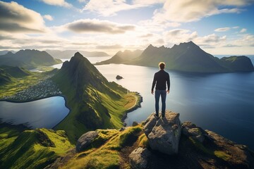 Fototapeta premium Man standing on the top of a mountain and enjoying the view