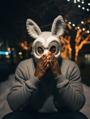 A young man wears an animal mask in the street on Christmas night