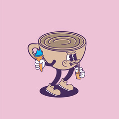 cartoon character coffee carrying drinks and ice cream in both hands