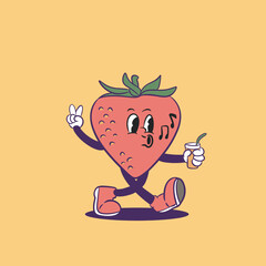 The strawberry is walking while holding a drink in its hand