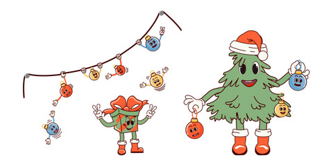 Christmas tree and festive atmosphere. Retro character in cartoon fashionable groovy style. The atmosphere is from the 60s and 70s. Merry Christmas and Happy New Year. Vector illustration