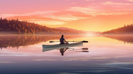 Fototapeta na wymiar Silhouette of a kayak with a paddler at sunset on a beautiful lake.  Active recreation, travel.