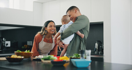 Family, smile and play in kitchen, love and bonding or fun, relax and support or laughing at home. Happy parents and baby, connect and humor or cooking, nutrition and healthy food or care for child
