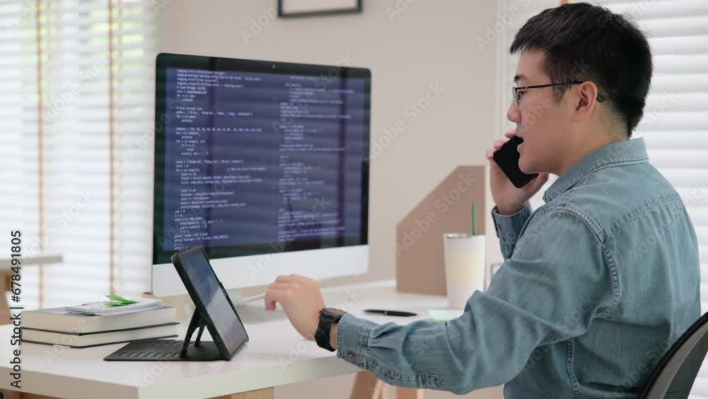Wall mural asia busy people chinese deep tech talent expert man phone call talking working on it big data scien
