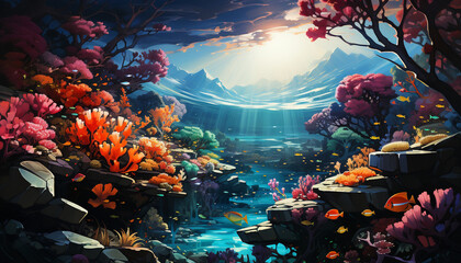 Underwater fish swim in colorful coral reef illustration generated by AI