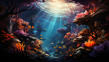 Underwater reef, nature fish, coral, deep water animal generated by AI