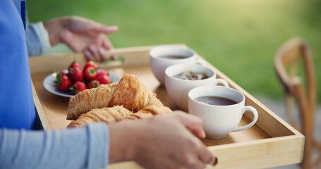 Food, breakfast and tray for morning, tea and fruit, pastry and crossiants, strawberry and...