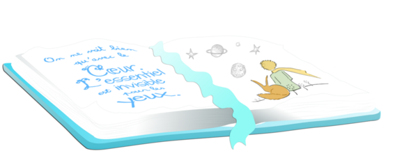 An open book with illustrations and foreign language, with turquoise ribbon and hardcover