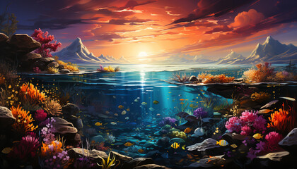 Underwater landscape colorful fish swim in coral reef paradise generated by AI - obrazy, fototapety, plakaty