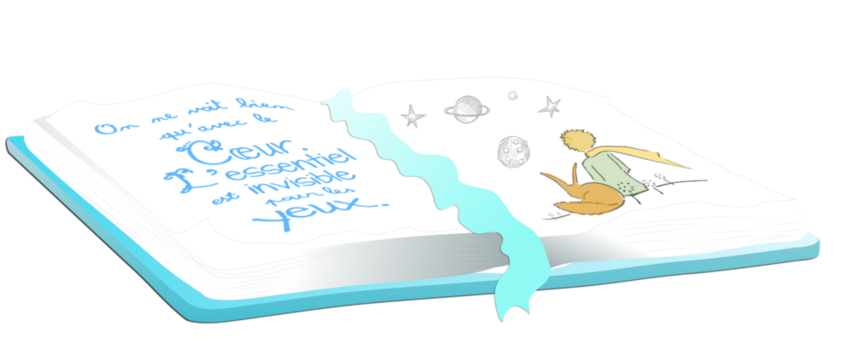 An open book with illustrations and foreign language, with turquoise ribbon and hardcover