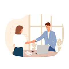 Office work. Signing a contract, a deal. Office staff, work and communication. The boss congratulates a happy employee, shaking hands. Success of the company.Cartoon vector. Vector illustration