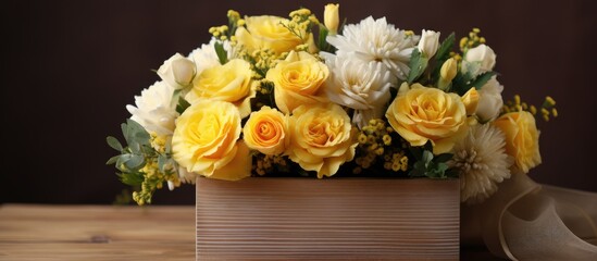 Wooden box with delicate floral arrangement of yellow roses chrysanthemums and eustomas Perfect for Womans Day or Valentines Day