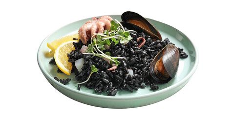 BLACK RISOTTO Croatian food served on white background