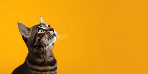 A cat looking up over orange background
