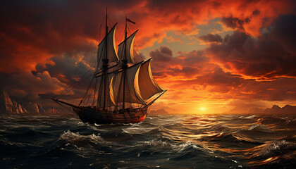 Sailing ship sails on sunset waves, adventure in nature generated by AI