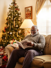 Fototapeta premium An old man was sitting on the sofa reading a book on Christmas Day