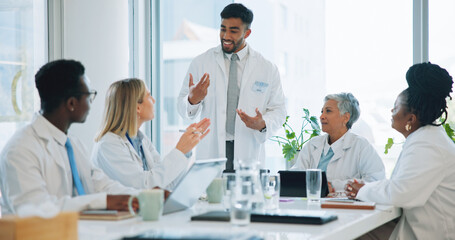Man, doctor and team in meeting for healthcare, planning or strategy together at hospital or office. Group of medical employees in teamwork, discussion or collaboration for presentation at clinic - obrazy, fototapety, plakaty