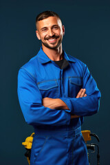 Fototapeta premium Smiling auto mechanic on a simple bright color background