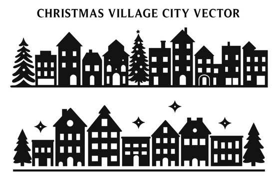 Christmas Village City Building Silhouettes, Christmas Village City house Vector
