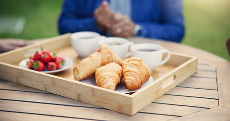 Nutrition, breakfast and tray for morning, tea and fruit for diet, pastry and crossiants with...